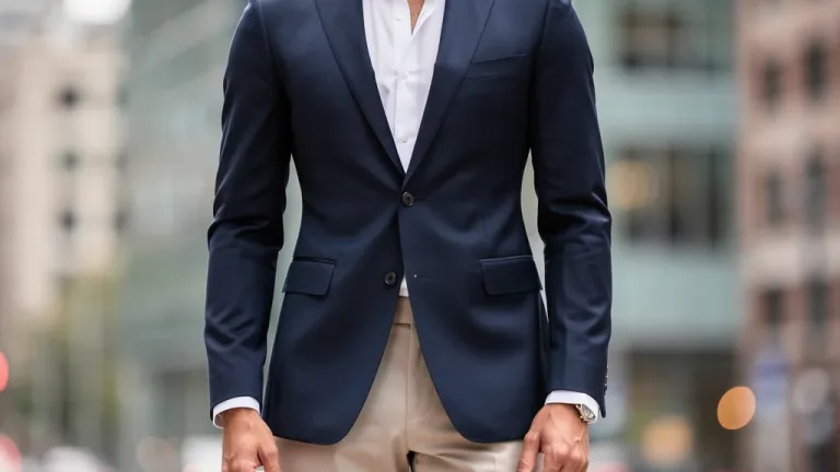 Man in perfectly tailored navy blazer, urban background