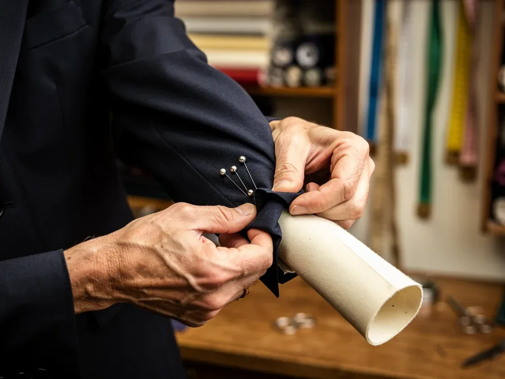 Tailor adjusting blazer sleeve length with pins