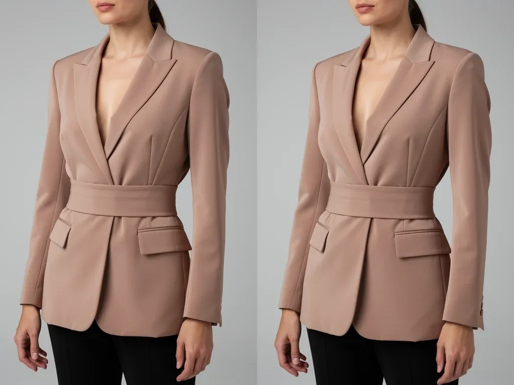 Before and after blazer waist alteration for improved fit and proportion