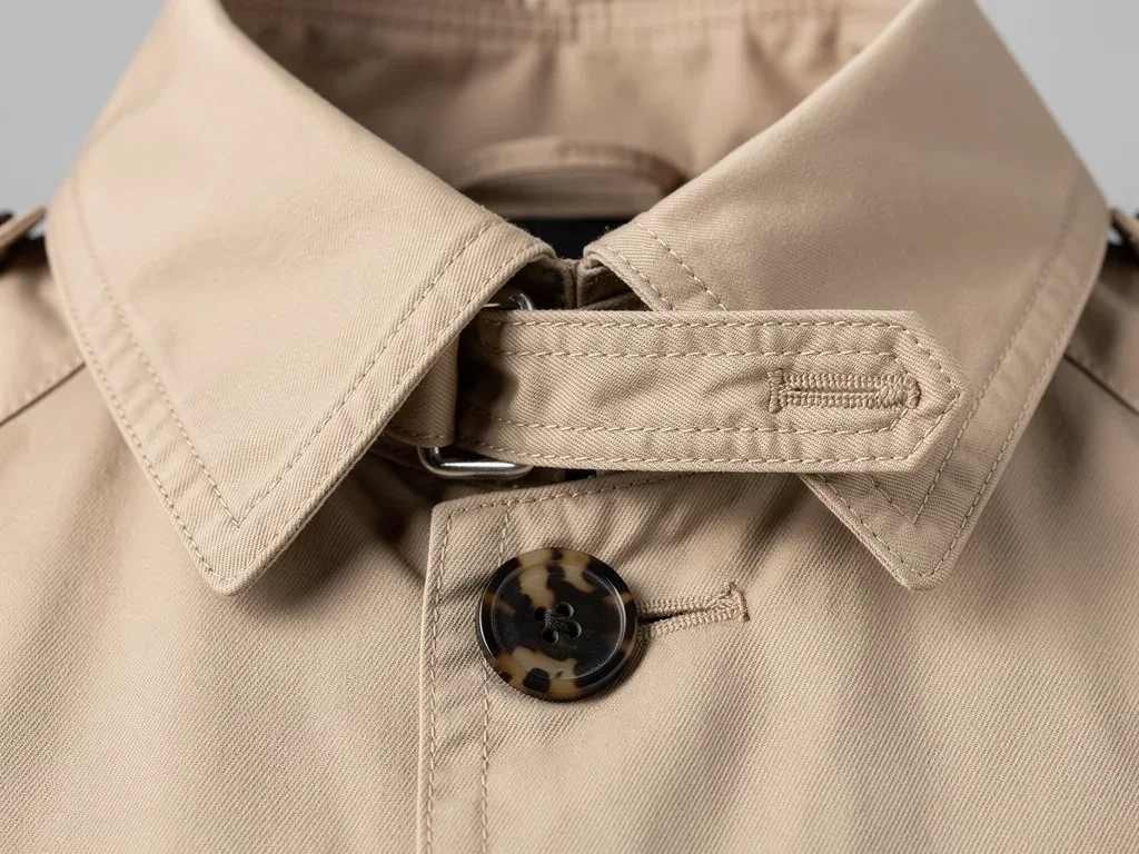 Detailed view of a trench coat's collar and throat latch craftsmanship