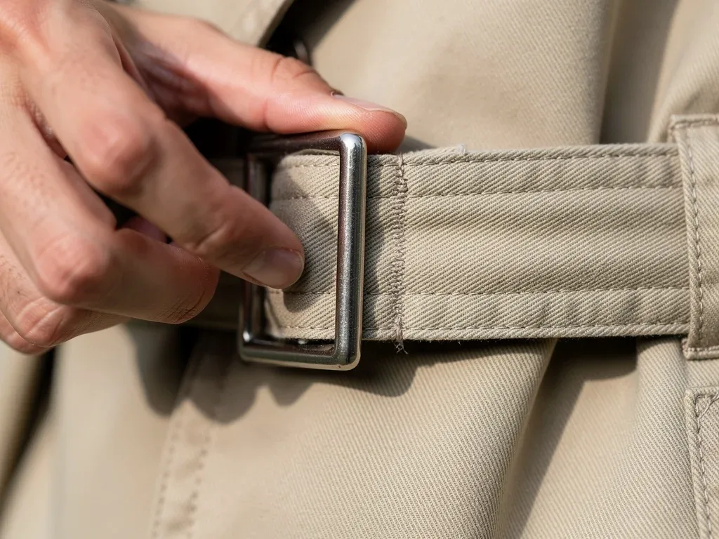 Hand adjusting the D-ring belt on a high-quality trench coat