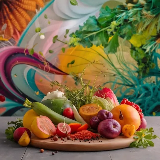 A colorful vibrant display of fruits and vegetables, symbolizing a healthy diet to combat stress. The setting includes elements pertinent to 'The Impact of Stress on Your Health: 5 Practical Ways to Manage Stress Effectively' by showcasing nutritional stress management.