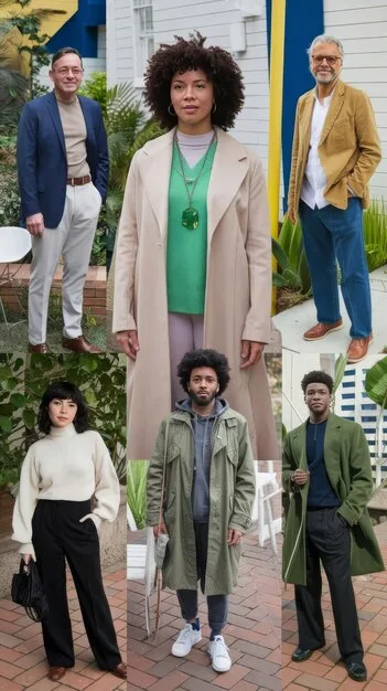 A collage showing examples of different business casual outfits for both men and women. Outfits include a blazer with chinos, a sweater with dress pants, and a skirt with a blouse. Each outfit highlights the versatility of The Ultimate 2025 Guide to Business Casual: 7 Key Pieces Every Professional Needs.