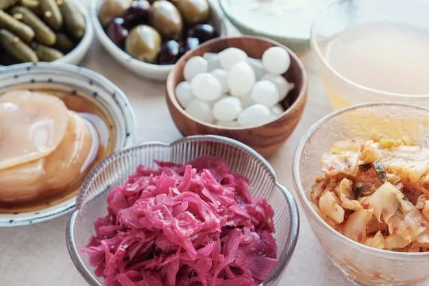 A close-up shot of various probiotic-rich foods such as yogurt, kimchi, and sauerkraut arranged artfully. Each food is labeled clearly, highlighting its probiotic benefits. The image showcases the textures and vibrant colors of these gut-friendly foods, emphasizing their importance for gut health and dietary balance. Text overlay: