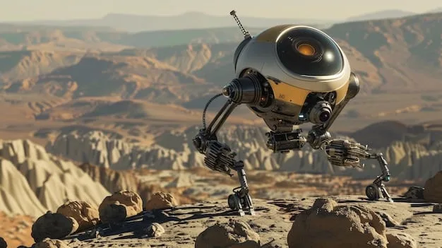 A humanoid robot working on a lunar mining operation, with the Earth visible in the background, symbolizing the role of robotics in resource extraction and construction in space, and emphasizing How Will the US Space Program's New Goals Impact Technological Innovation.