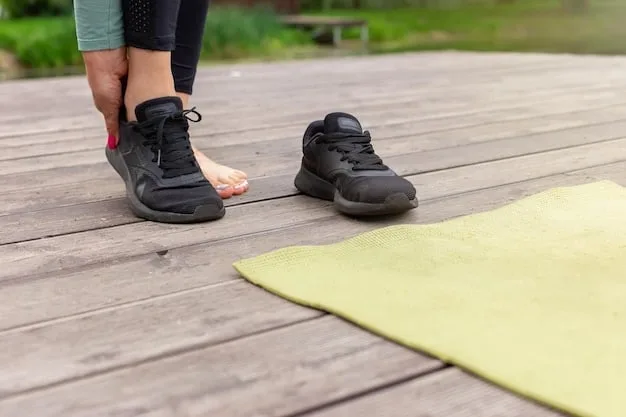 A close-up of a person's feet wearing running shoes standing on a yoga mat, ready to start a simple exercise routine, indicating preparation for Exercise for Beginners: A Simple 30-Day Plan to Improve Your Fitness.
