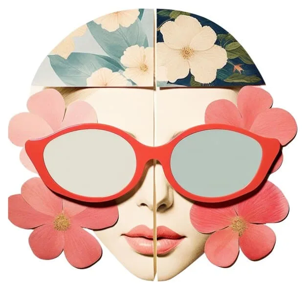 A collage illustrating different face shapes (oval, round, square, heart, diamond) with corresponding sunglasses that flatter each shape, emphasizing key aspects of 'The Ultimate Guide to Sunglasses: Finding the Perfect Pair for Your Face Shape'.