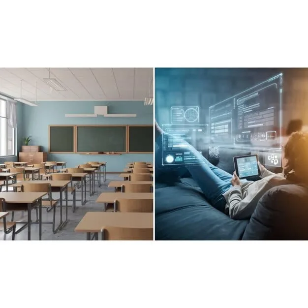 A split-screen image showing two contrasting classrooms. On one side, a modern, well-equipped classroom with advanced technology and diverse learning resources. On the other side, a dilapidated classroom with outdated materials and overcrowded conditions. The caption highlights the disparities in education funding and the urgent need to address inequities through US Education Reform: What Are the Proposed Changes to Federal Funding?.