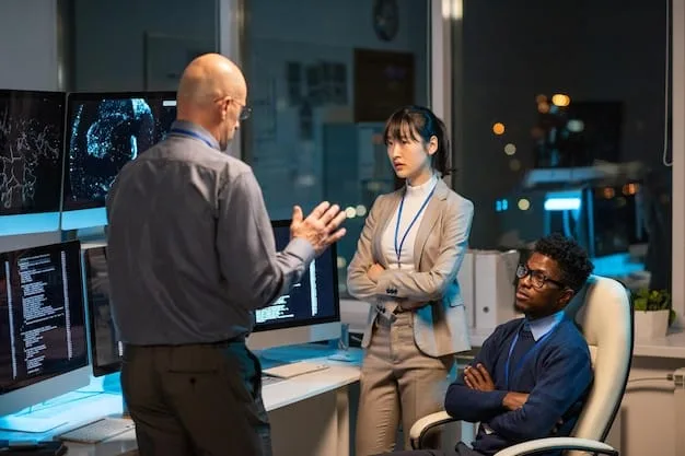 A group of cybersecurity professionals collaborating in a high-tech security operations center, monitoring network traffic and responding to simulated cyber incidents. The image emphasizes the importance of teamwork and expertise in the context of Understanding the US Government's New Cybersecurity Strategy.