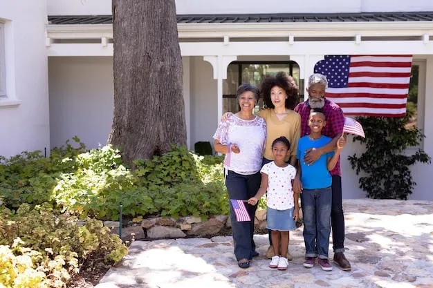 A diverse family stands in front of a suburban home in the United States, smiling and waving. Represents the ideal of family-based immigration and the hopes of those affected by US Immigration Policy Changes: What Are the Key Updates for 2025?.