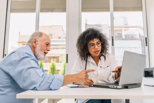 An office setting where a healthcare professional is explaining insurance options to a patient using a tablet. The patient looks engaged and is asking questions. This image represents personalized guidance in navigating health insurance choices. Is Your Health Insurance Ready for the 2025 Changes? A Comprehensive US Guide is symbolically depicted through their interaction.