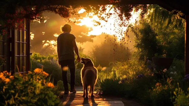 A person happily walking their dog on a leash through a vibrant green neighborhood park during golden hour, illustrating companionship and outdoor activity.