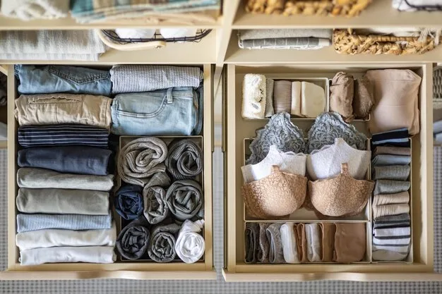 A neatly organized closet section displaying a small, cohesive capsule wardrobe of 10 items on hangers and folded, with an emphasis on neutral colors and versatile fabrics.