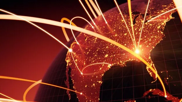 A detailed world map with a prominent focus on the US, showing trade routes and economic indicators across continents, symbolizing global economic interconnectedness.