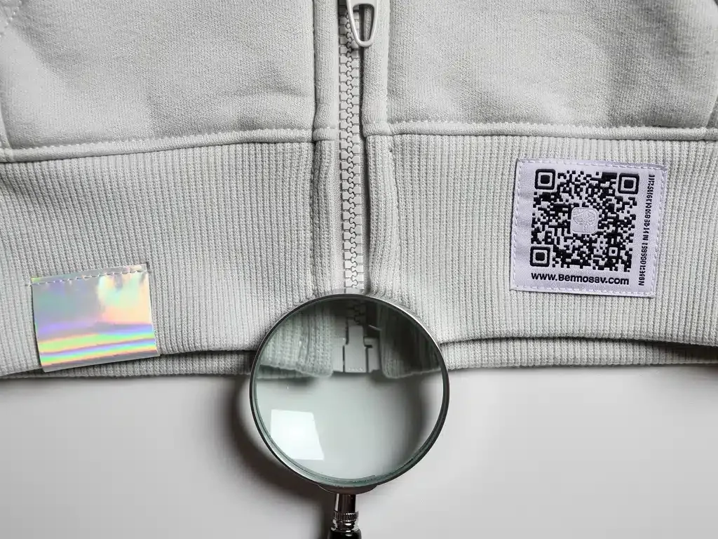 Close-up of authenticity markers: holographic tag, precise stitching, QR code on streetwear.