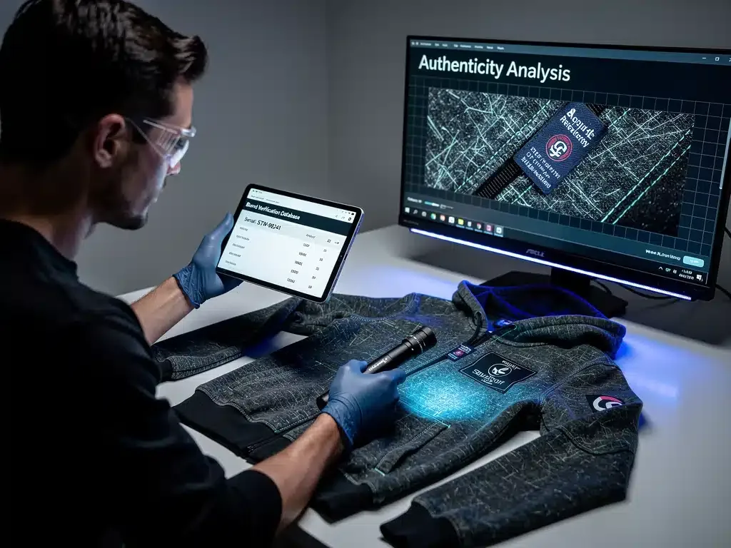 Digital expert verifying streetwear authenticity with specialized tools and databases.