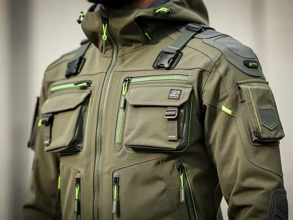 Detailed view of a sustainable techwear jacket with functional pockets and adjustable straps, showcasing innovative materials and design.
