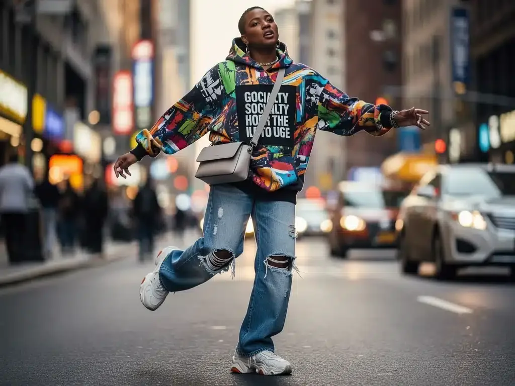 Person in oversized graphic hoodie and wide-leg jeans, showcasing bold prints and expressive streetwear in a city setting.