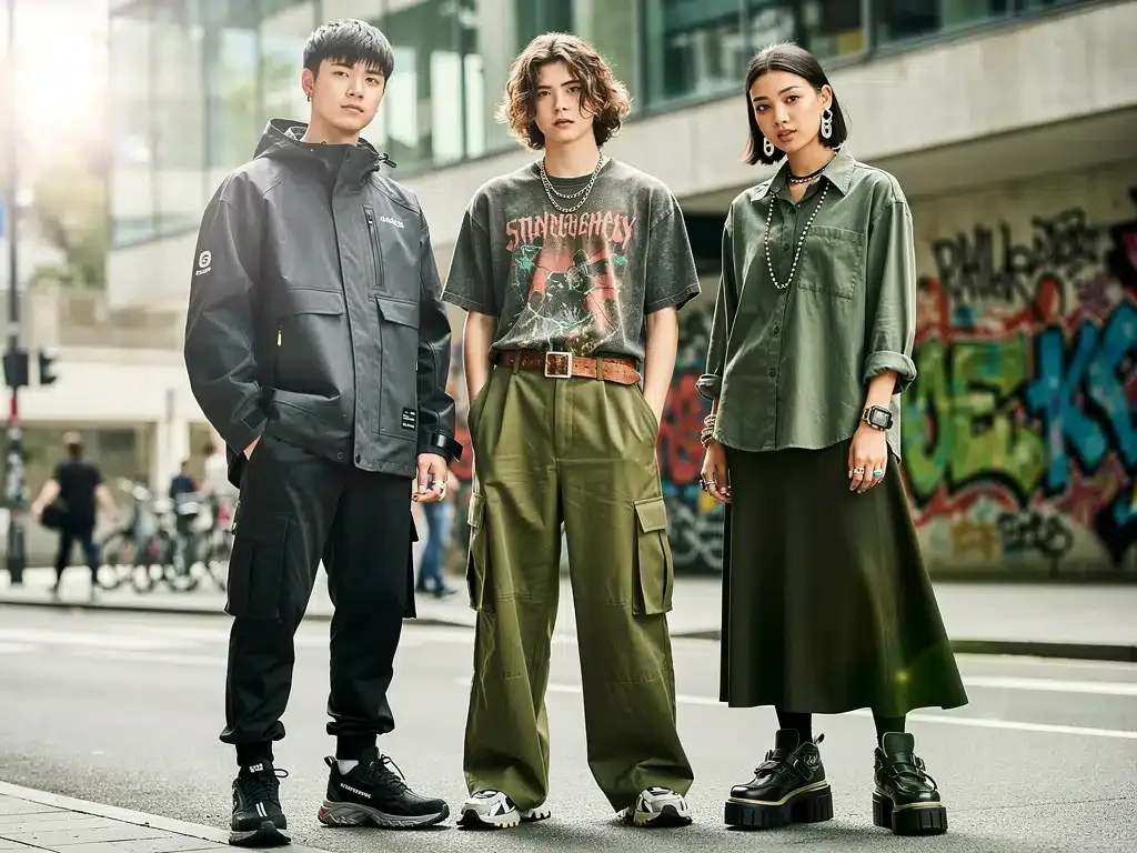 Diverse models display cutting-edge streetwear, oversized techwear, vintage tees, and gender-fluid styles in a vibrant urban landscape, embodying the 2026 fashion forecast.