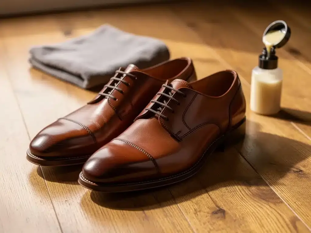 Close-up of polished brown leather Oxford shoes with shoe care products.