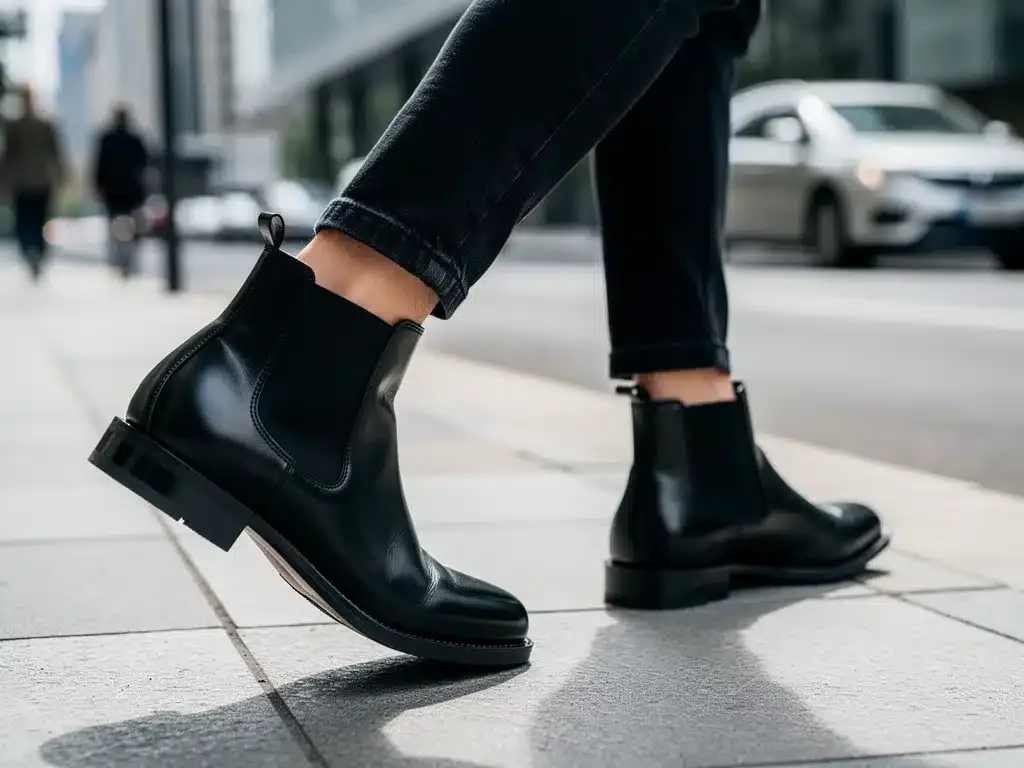 Person walking in black Chelsea boots and jeans, showcasing urban style.