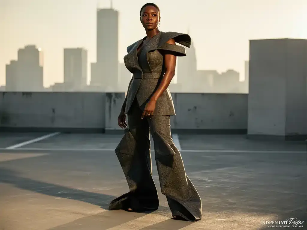Celebrity wearing avant-garde fashion from a niche designer in an urban setting