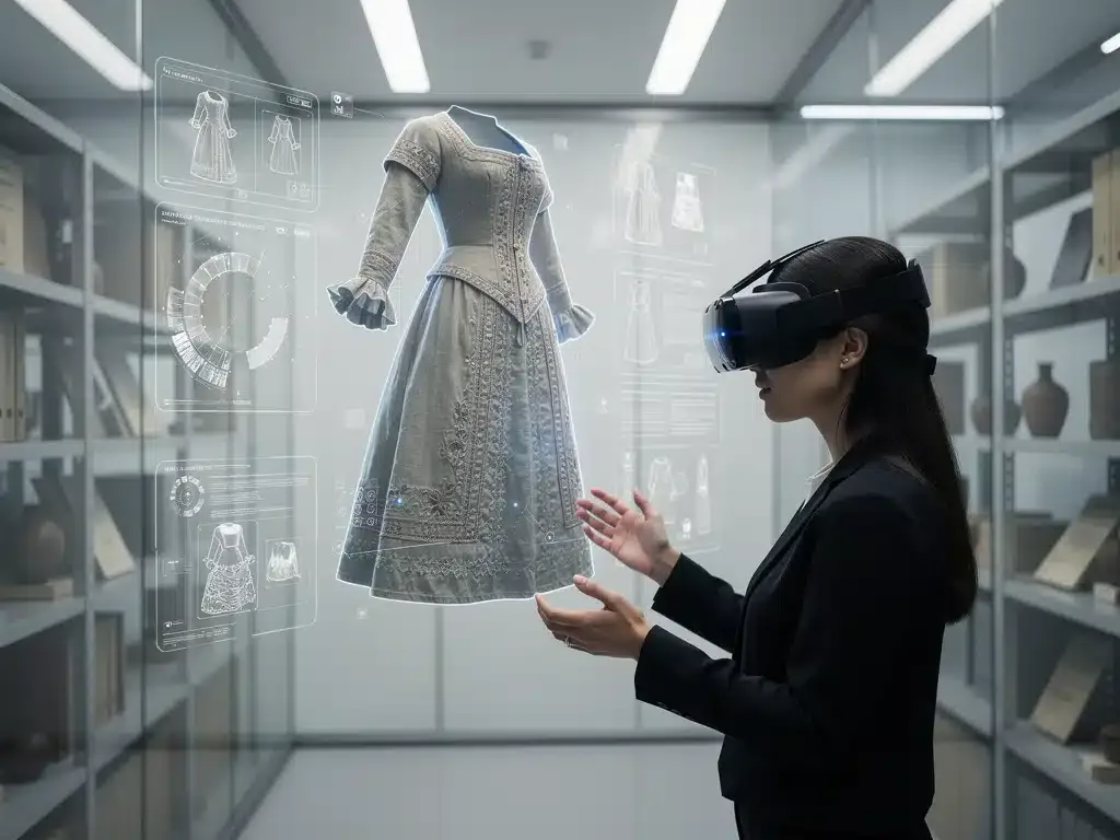 Virtual reality interface displaying a 3D model of a preserved historic garment.