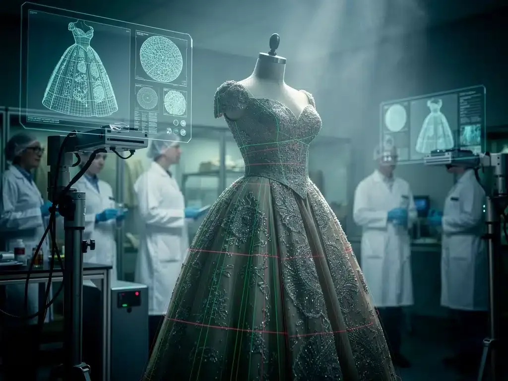 Advanced technology scanning a vintage couture gown for preservation purposes.