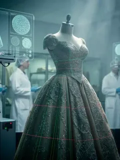 Advanced technology scanning a vintage couture gown for preservation purposes.
