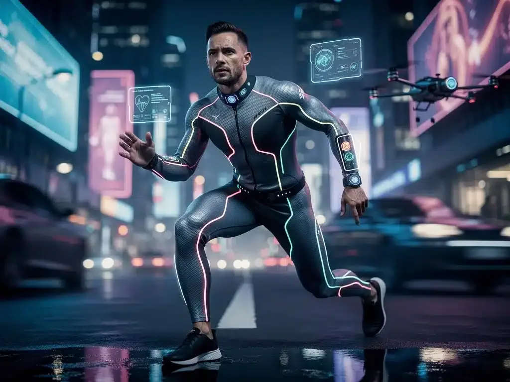 Celebrity in tech-infused athletic wear, showcasing smart fashion features.