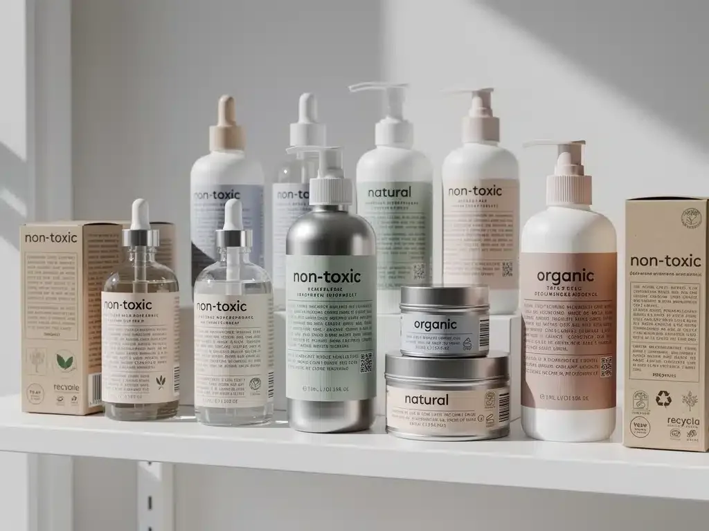 Assortment of clean beauty products with 'non-toxic' labels on display.