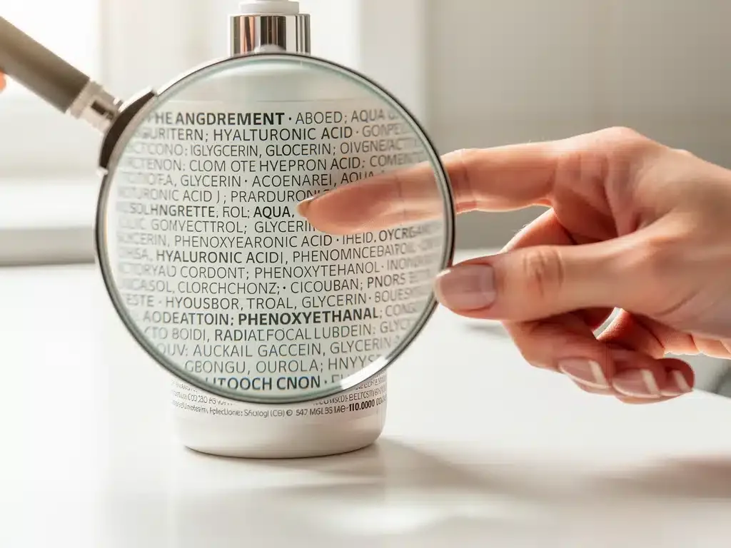 Magnifying glass examining a beauty product's ingredient list for transparency.