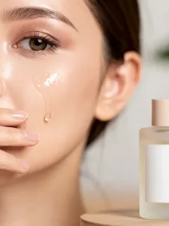 Woman applying natural clean beauty cream to her face, emphasizing non-toxic skincare.