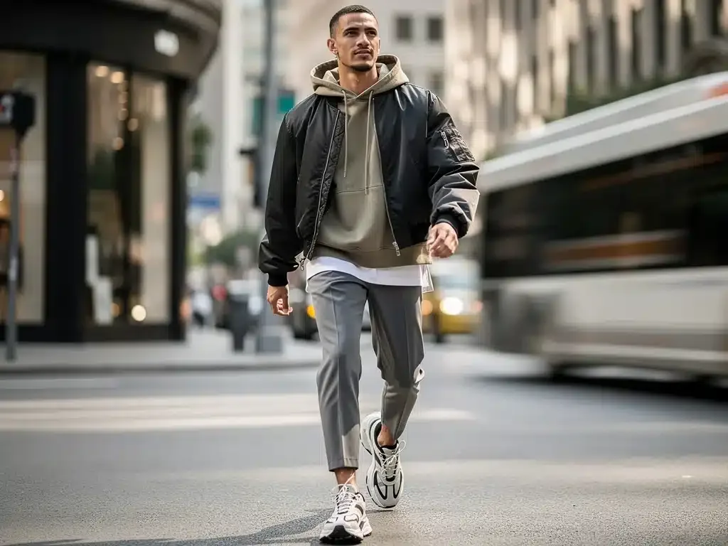 Person in urban setting demonstrating proportional streetwear layering with oversized hoodie and bomber jacket
