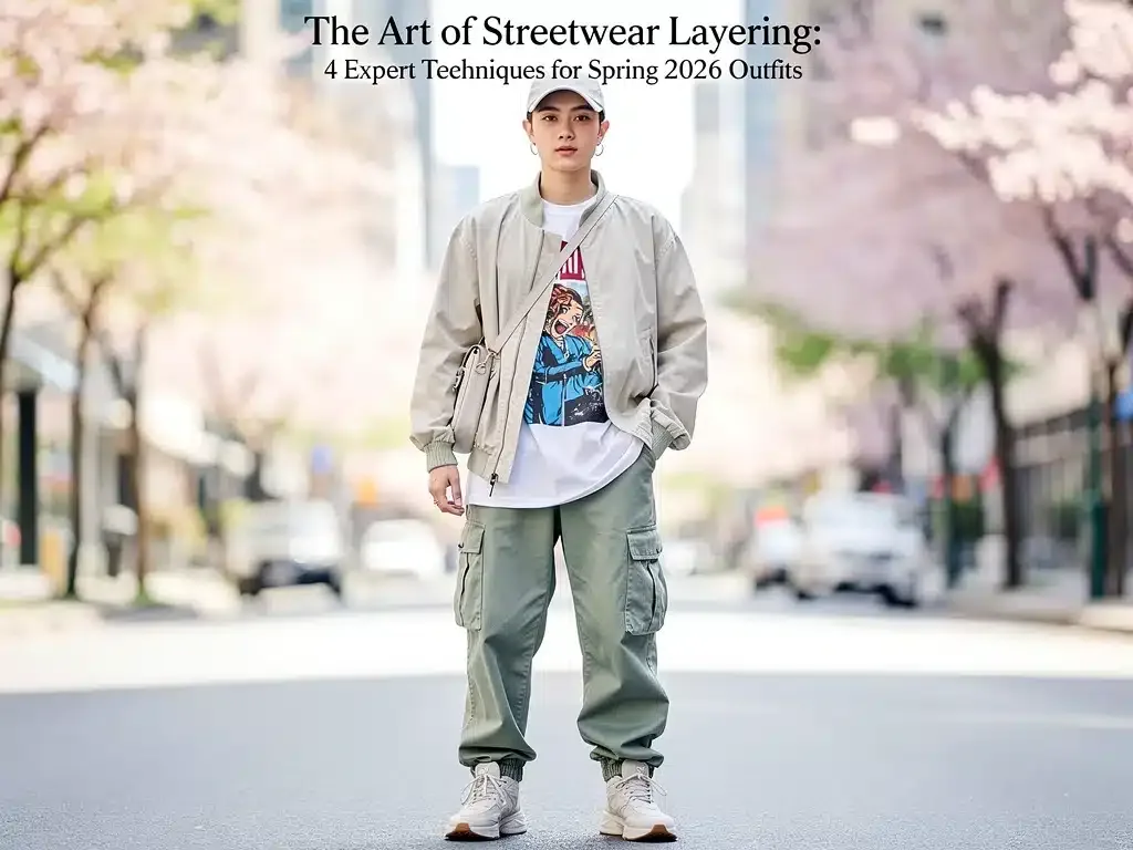 Stylish streetwear layering for spring 2026 featuring light jacket and graphic tee
