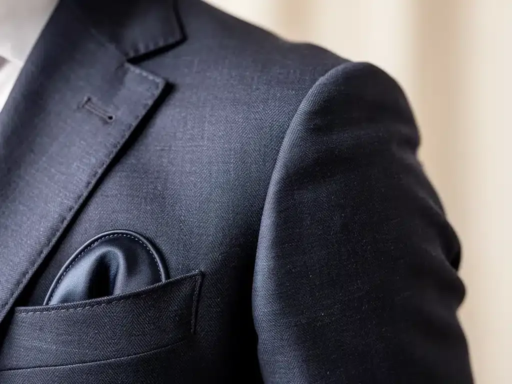 Close-up of a Neapolitan suit jacket with soft shoulders and barchetta pocket