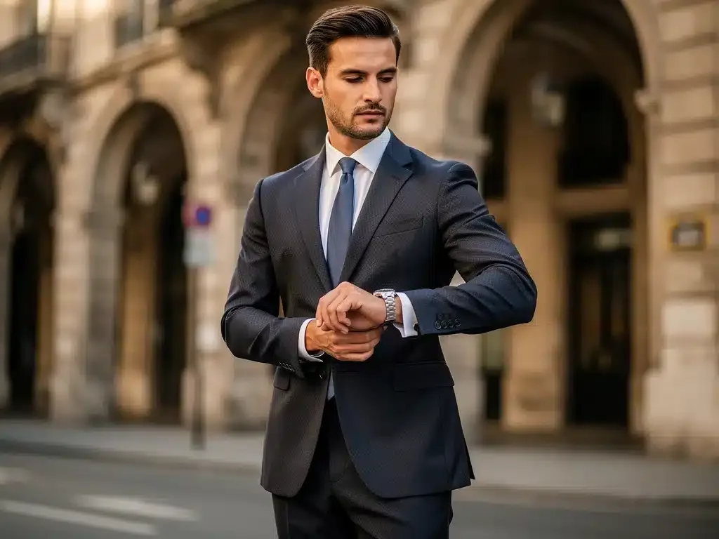 Man in a perfectly fitted British suit adjusting cufflink in an urban environment