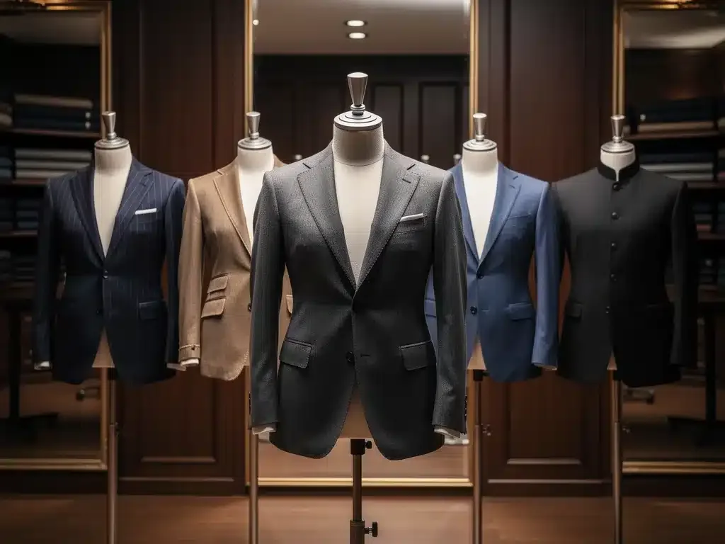 Five classic men's suits of different styles on mannequins in a tailor shop