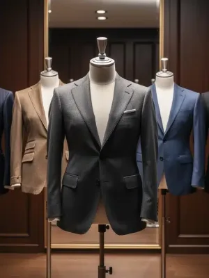 Five classic men's suits of different styles on mannequins in a tailor shop