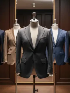 Five classic men's suits of different styles on mannequins in a tailor shop