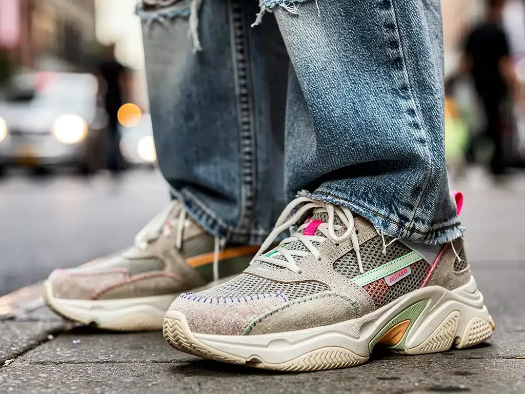 Close-up of celebrity's sustainable chunky sneakers with distressed denim