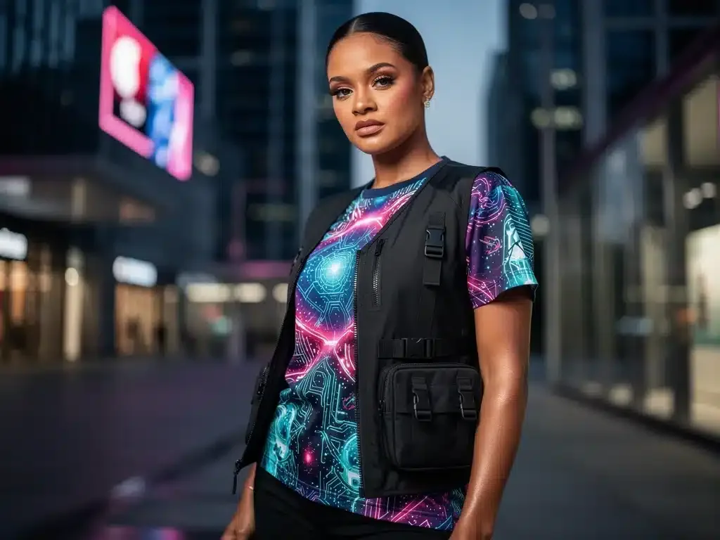 Celebrity wearing a vibrant graphic tee and utilitarian vest, showcasing spring 2026 fashion