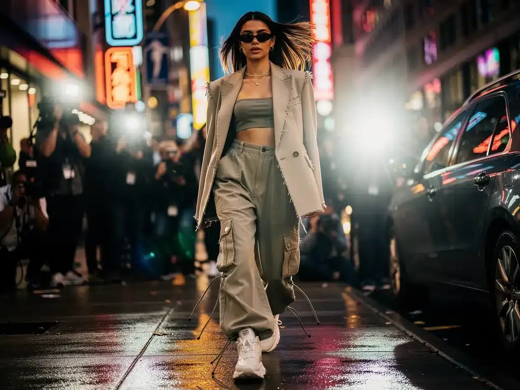 Celebrity in oversized deconstructed blazer and cargo pants, embodying spring 2026 streetwear