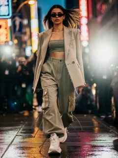 Celebrity in oversized deconstructed blazer and cargo pants, embodying spring 2026 streetwear