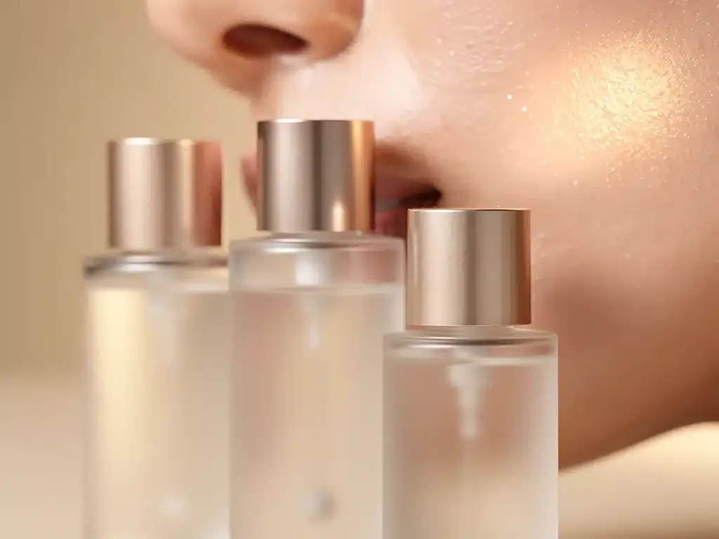 Three anti-aging serum bottles on a glowing skin background