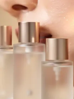 Three anti-aging serum bottles on a glowing skin background