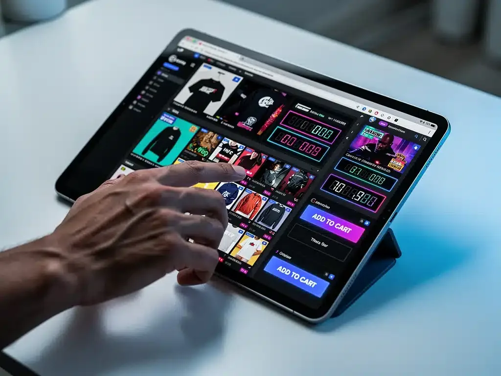Person's hands using a tablet to navigate online streetwear drop platforms.