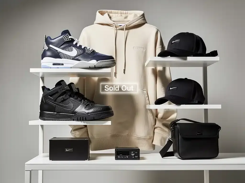 Display of exclusive limited-edition streetwear items, including sneakers and apparel.