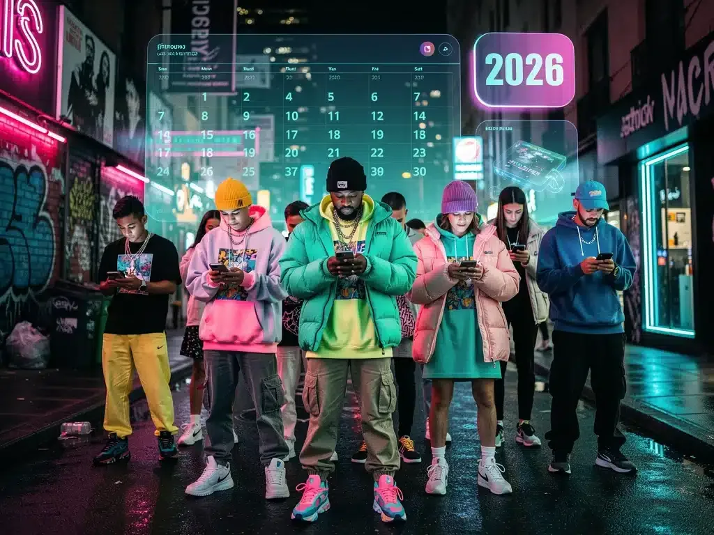 Young adults engaging with smartphones, anticipating 2026 streetwear releases on a digital calendar.