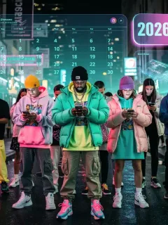 Young adults engaging with smartphones, anticipating 2026 streetwear releases on a digital calendar.